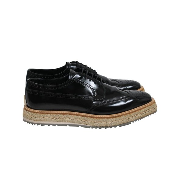 Prada Men Platform Brogue US9.5 UK8.5 Black Leather Wingtip Espadrille Medallion - Picture 8 of 11